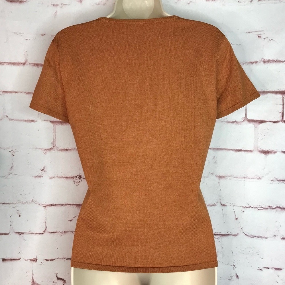 JONES NY PETITE MEDIUM Silk fine ribbed knit caramel brown short sleeve top MP - Picture 7 of 12